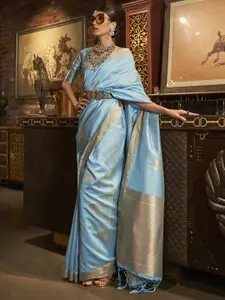 Mitera Turquoise Blue & Gold-Toned Woven Design Zari Silk Blend Banarasi Saree