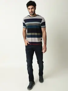 RARE RABBIT Men Grey & Blue Striped Slim Fit T-shirt