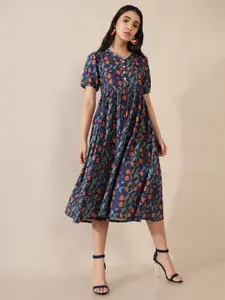 Saaki Navy Blue & Peach-Coloured Floral Printed Midi Dress