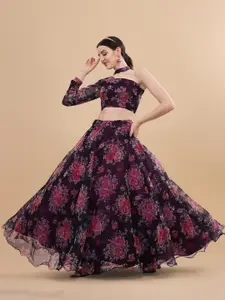 Fashionuma Pink & Black Floral Printed Semi-Stitched Lehenga Choli