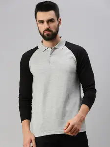 PEPPYZONE Men Black & Grey Colourblocked Polo Collar T-shirt