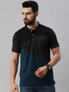 PEPPYZONE Men Black Colourblocked Polo Collar T-shirt
