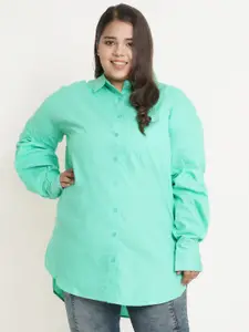 IX IMPRESSION Women Plus Size Green Solid High Low Pure Cotton Casual Shirt