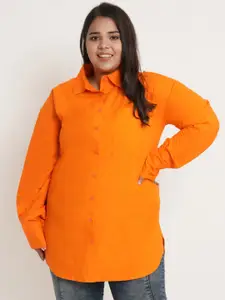 IX IMPRESSION Women Plus Size Orange Solid High Low Pure Cotton Casual Shirt
