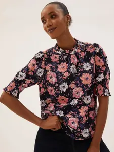 Marks & Spencer Women Navy Blue & Pink Floral Printed Mandarin Collar Shirt Style Top