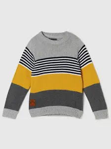 max Boys Grey & Yellow Striped Pure Cotton Pullover