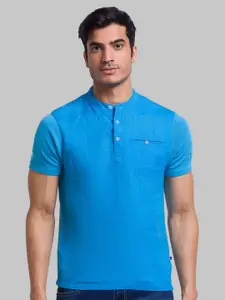 Parx Men Blue Henley Neck Linen T-shirt