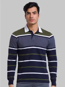 Parx Men Green Striped Polo Collar Organic Cotton Applique T-shirt