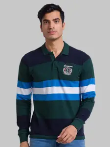Parx Men Green Striped Polo Collar Organic Cotton Applique T-shirt