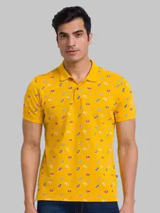 Parx Men Yellow Printed Polo Collar Organic Cotton Applique T-shirt