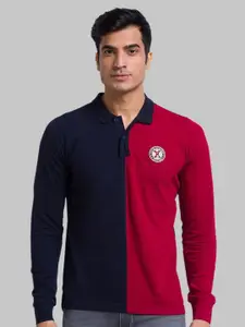 Parx Men Blue Colourblocked Polo Collar Organic Cotton Applique T-shirt