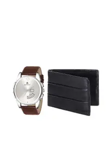 MARKQUES Set of 2 Men Black Leather Wallet & Brown Watch Combo Gift Set
