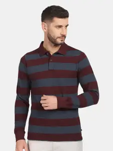 Blackberrys Men Red & Grey Striped Polo Collar Slim Fit Pure Cotton T-shirt