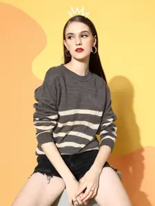 Berrylush Women Brown Striped Knits Bits Sweater