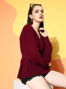 Berrylush Women Maroon Solid Knits Bits Sweater
