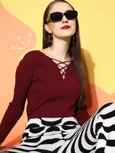 Berrylush Women Charming Maroon Striped Knits Bits Sweater