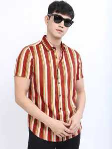 HIGHLANDER Men Maroon Slim Fit Striped Casual Shirt