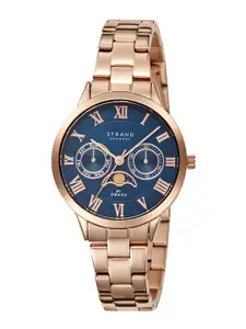 STRAND BY OBAKU Women Blue Brass Patterned Dial & Rose Gold Toned Stainless Steel Bracelet Style Straps Watch S728LMVLSV