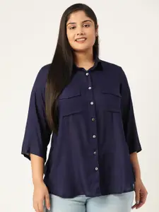 theRebelinme Women Plus Size Navy Blue Solid Casual Shirt