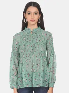 Flying Machine Women Green Floral Printed Tie-Up Neck Top