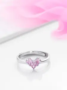 Zavya Women Rhodium-Plated 925 Sterling Silver Pink CZ Studded Adjustable Finger Ring