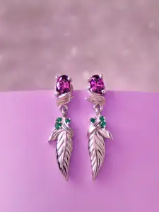 Zavya Silver-Toned & Purple Leaf Shaped Drop Earrings