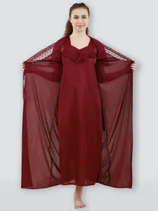 Romaisa Women Maroon Solid Lace Detail 2 Piece Satin Maxi Wrap Nightdress