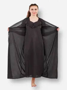 Romaisa Women Black Solid Lace Detail 2 Piece Satin Maxi Wrap Nightdress