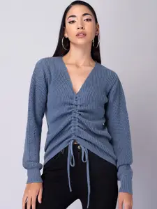 FabAlley Women Blue Ribbed Pullover