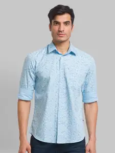 Parx Men Blue Pure Cotton ???????Printed Roll Up Sleeves Spread Collar Casual Shirt
