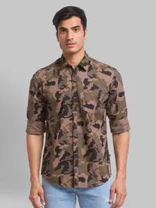 Parx Men Beige Pure Cotton Printed Camouflage Spread Collar Roll Up Sleeves Casual Shirt