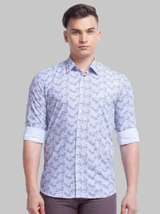 Parx Men Blue Printed Spread Collar Roll Up Sleeves Casual Shirt