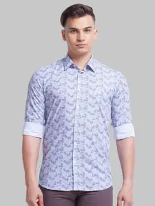 Parx Men Blue Pure Cotton Printed Spread Collar Roll Up Sleeves Casual Shirt