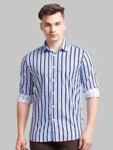 Parx Men Blue Pure Cotton Striped Spread Collar Roll Up Sleeves Casual Shirt