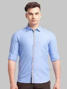 Parx Men Blue Pure Cotton Spread Collar Roll Up Sleeves Casual Shirt
