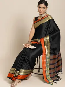 Saree mall Black & Orange Woven Design Zari Silk Blend Uppada Sarees