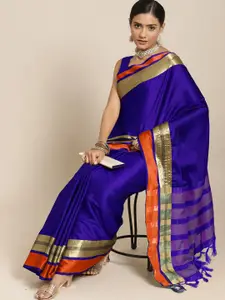 Saree mall Blue & Copper-Toned Zari Silk Blend Uppada Sarees