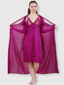 Romaisa Women Magenta Solid Lace Detail 2 Piece Satin Maxi Wrap Nightdress