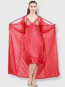 Romaisa Women Red Solid Lace Detail 2 Piece Satin Maxi Wrap Nightdress
