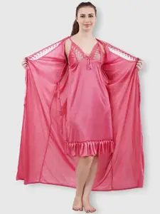 Romaisa Women Pink Solid Lace Detail 2 Piece Satin Maxi Wrap Nightdress