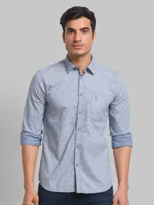 Parx Men Grey Pure Cotton Printed Roll Up Sleeves Spread Collar Casual Shirt