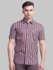 Parx Men Brown Pure Cotton Striped Roll Up Sleeves Spread Collar Casual Shirt