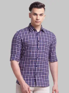Parx Men Blue Pure Cotton Checked Roll Up Sleeves Spread Collar Casual Shirt