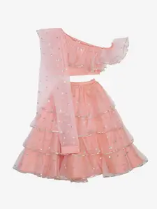 SAKA DESIGNS Girls Pink & Silver-Toned Embellished Sequinned Ready to Wear Lehenga & Blouse With Dupatta