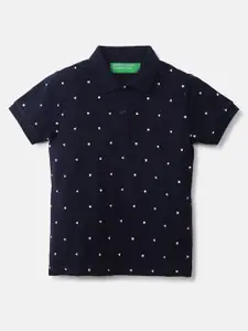 United Colors of Benetton Boys Navy Blue Printed Polo Collar T-shirt