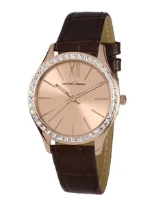 Jacques Lemans Women Rose Gold-Toned Leather Straps Analogue Watch 1-1841D
