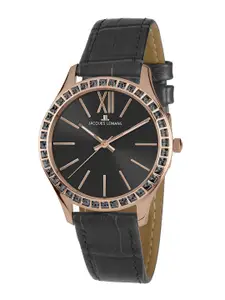 Jacques Lemans Women Black Embellished Dial & Black Leather Straps Analogue Watch