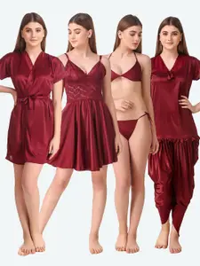 Romaisa Women Maroon Solid Lace Detail 6 Piece Satin Maxi Wrap Nightdress