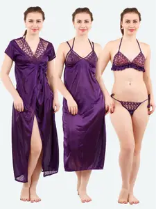 Romaisa Women Purple Solid Lace Detail 4 Piece Satin Maxi Wrap Nightdress