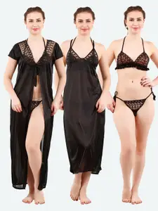 Romaisa Women Black Solid Lace Detail 4 Piece Satin Maxi Wrap Nightdress